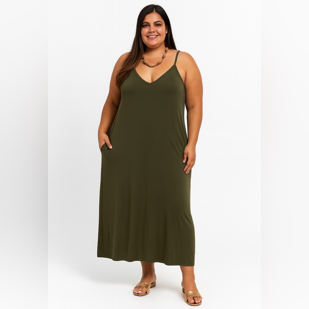 BN Zenana Premium Plus Size Olive Green V-Neck Maxi Dress W/Pockets Various - Picture 4 of 12